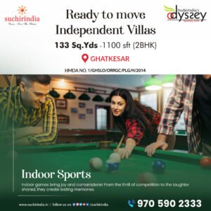 Promotional poster for Suchirindia’s Odyssey featuring ready-to-move 2BHK independent villas in Ghatkesar, Hyderabad. The image shows a 133 Sq. Yds plot with 1100 sft area and highlights indoor sports facilities with people playing billiards.